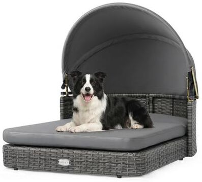 Costway Wicker Dog House with Adjustable Canopy & 2 Detachable Cushions for Small Medium Dogs-Gray