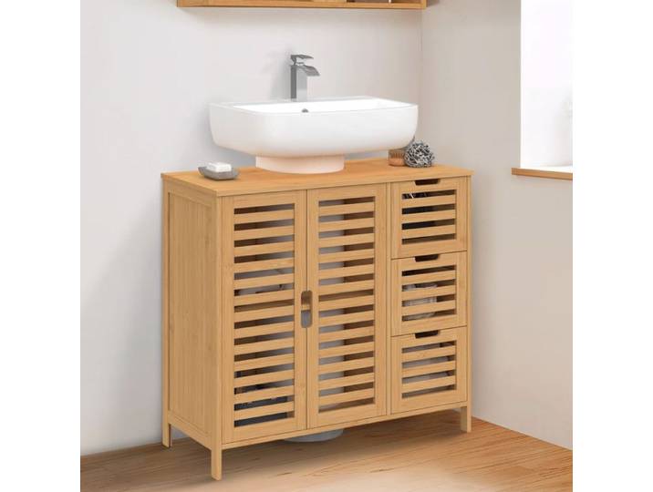 IDMARKET Meuble sous lavabo salle de bain bambou BEA avec placard et 3 tiroirs