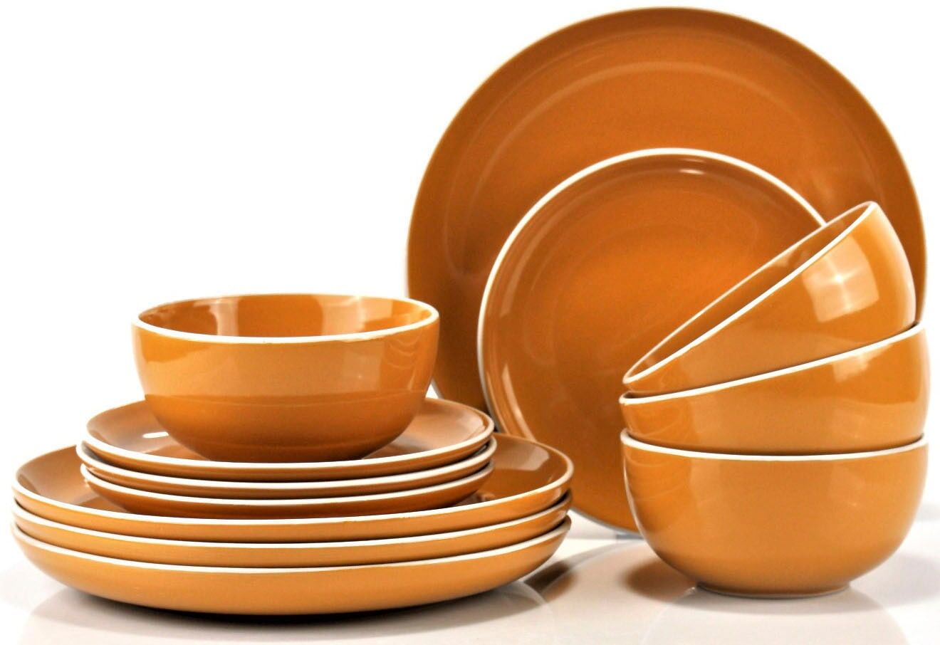Tafelservice RETSCH ARZBERG "Geschirr-Set, Service HALO BUBBLE GUM", gelb (gelb, weiß), 12 Stk., Steinzeug, Geschirr-Sets, Tafelservice, Teller Set, Klare Farben und Klare Formen - 12 Teile, für 4 Personen