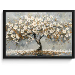 POSTER MIT RAHMEN Baum - Blumen - Weiß - Natur - Kunst 60x40 cm