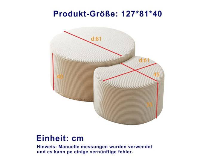 Table basse - ZEVKOR - Ottoman et pouf rond - Lot de 2 - Tissu beige - 127×81×40 cm