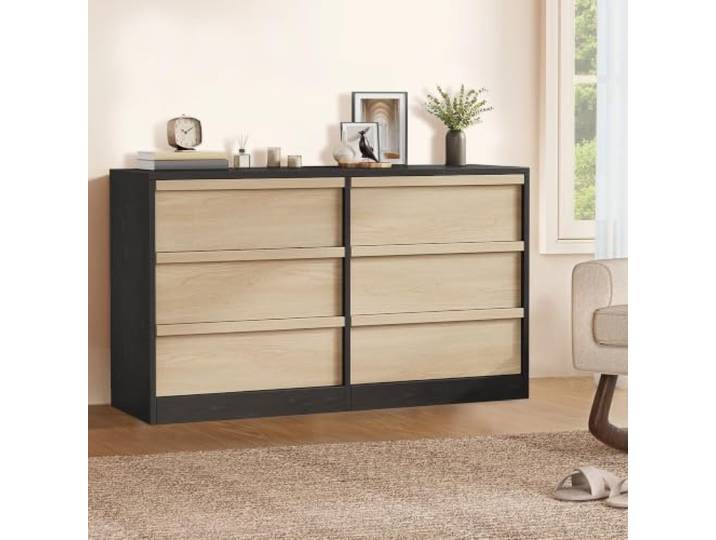 GarveeMore Kommode 6 Schubladen mit Holzgriffen, Schwarze Holzoptik, 118 cm 6 Geräumige Schubladen 118 cm Breite Moderne Schwarze Holzoptik Holzgriffe TV-Kommode Für Wohnzimmer Und Schlafzimmer