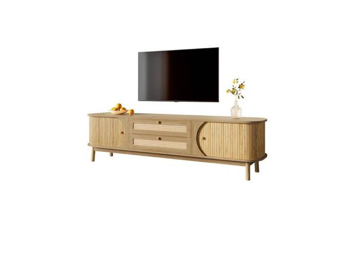 Meuble télévision rustique en bois massif et panneaux de rotin rangement pratique et esthétique – 132 cm