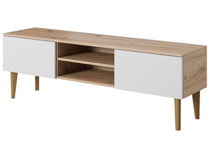 PAWS MEBLE Bergen RTV 150 2D Eiche Artisan/Weiße Front – Skandinavisches TV-Lowboard 150 cm – Push-to-Open – Holzfüße – 2 Klapptüren + Mittelregal