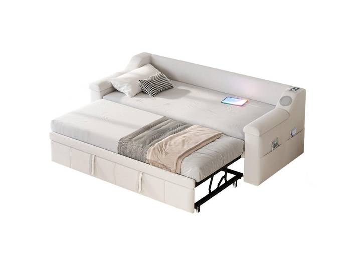 Okwish Schlafsofa 90/190 cm beige mit Bluetooth-Stereoanlage und Ablagefächern, Weiß, 90x190 cm, Schlafzimmer, Betten, Polsterbetten