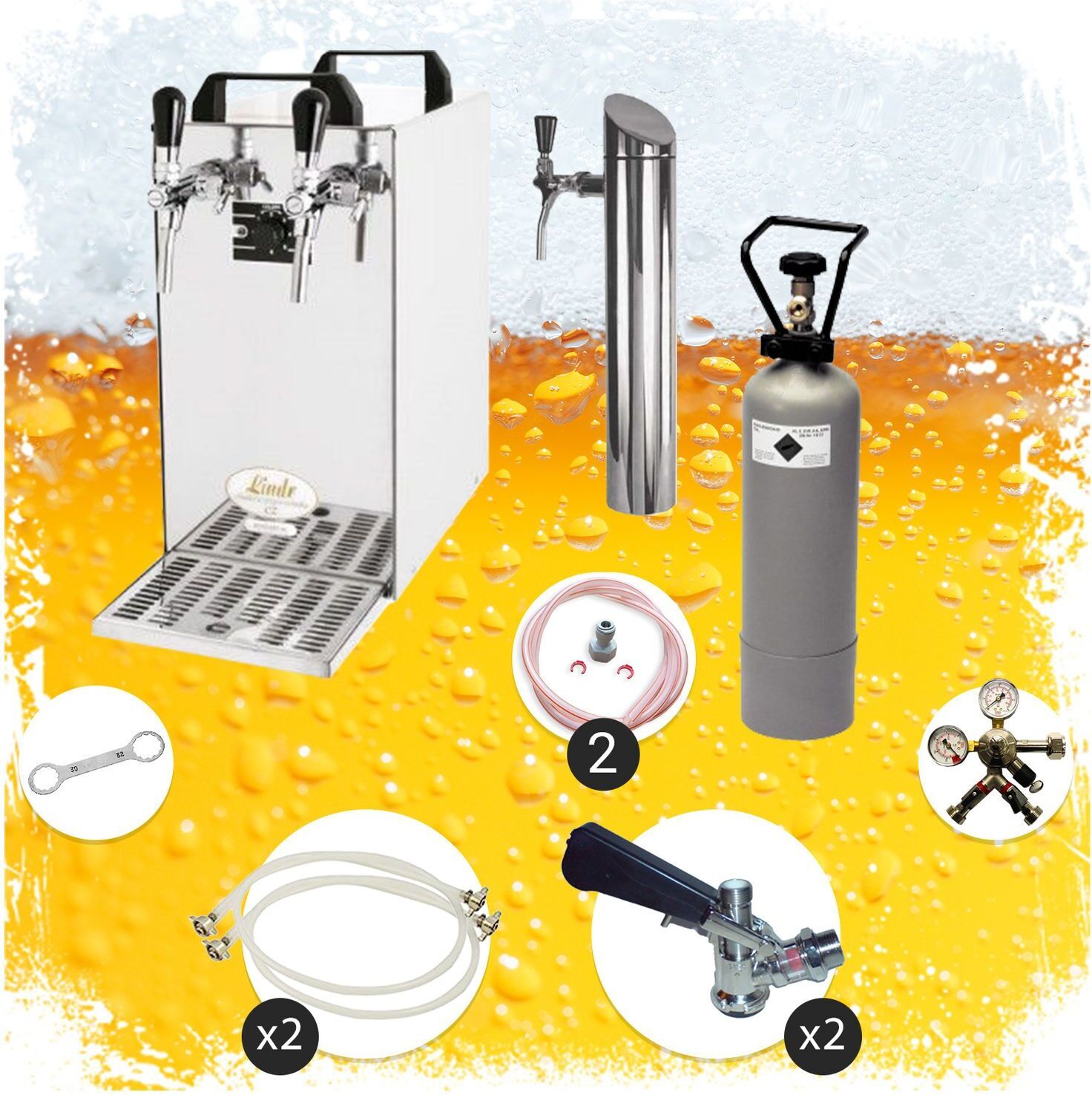 Untertheken Komplett Set - Zapfanlage, Bierzapfanlage - Kontakt 40 2-leitig Trockenkühler, Durchlaufkühler 50 Liter/h, inkl. Schanksäule, Green Line, Flach,Flach