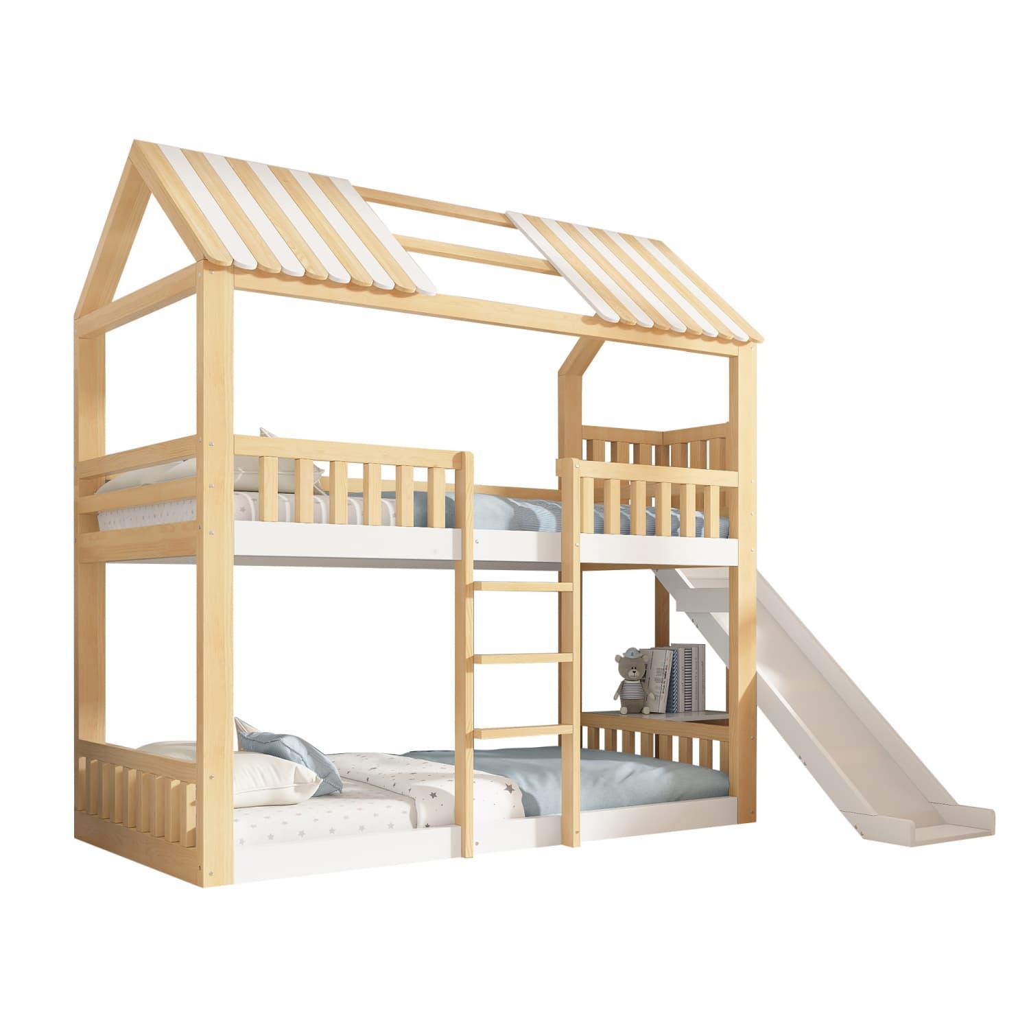 Etagenbett Kinder 90x200 mit Giebeldach Weiß&Natur, Hausbett Hochbett mit Regal und 35 cm Rutsche, sicherer Aufstieg,ideal für Familien mit 2 Kindern