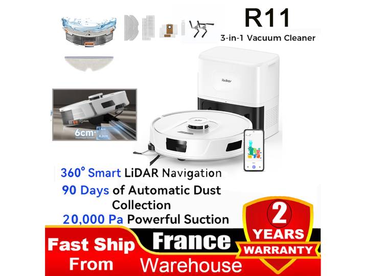 Robot aspirateur et serpillière Redroad R11 avec navigation LDS Lidar, 20000Pa, cartographie intelligente, pour le nettoyage des sols, des tapis et des poils d'animaux à la maison