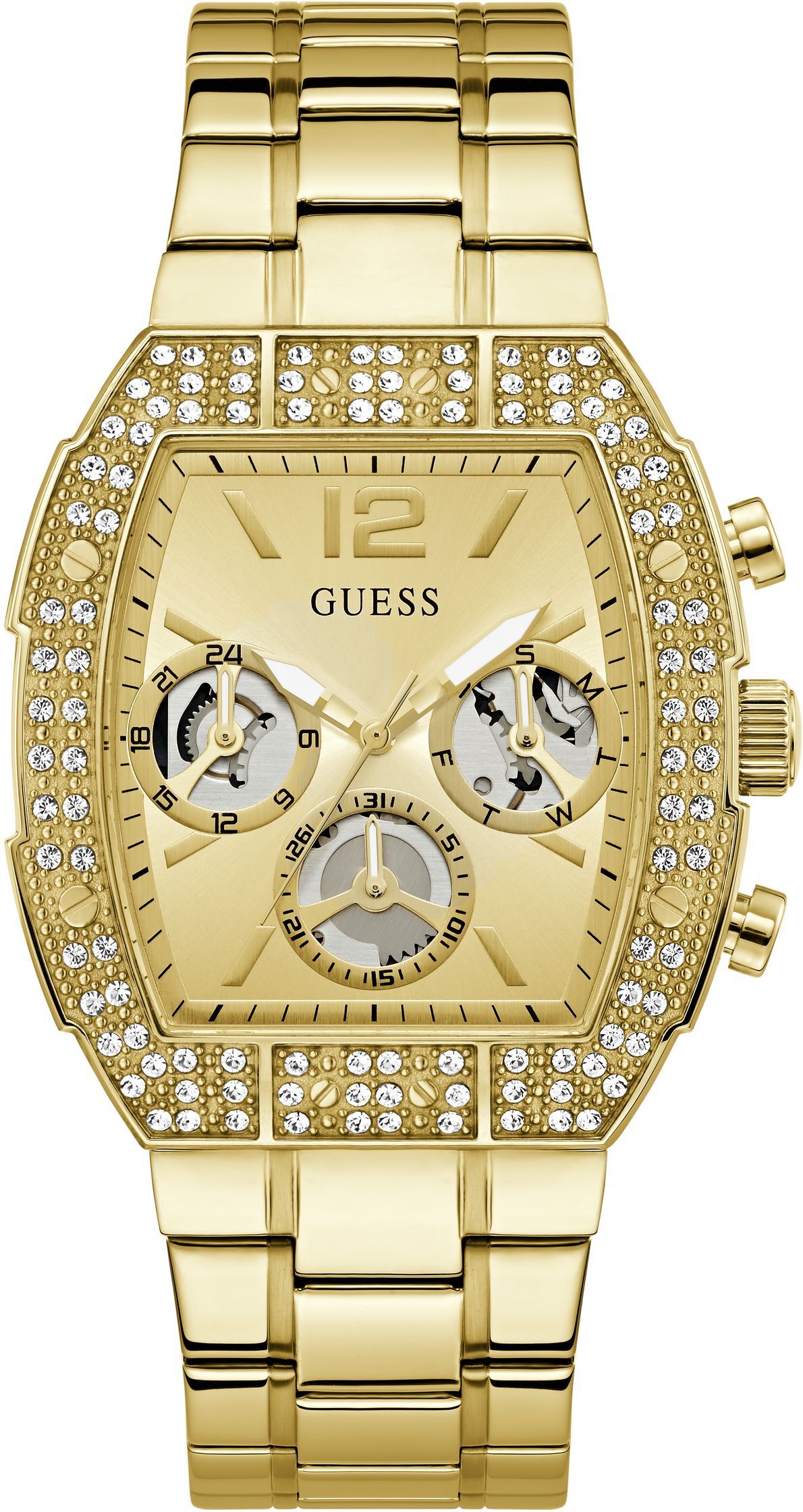 Multifunktionsuhr GUESS "PHOENIX QUANTUM", gold (goldfarben, champagnerfarben), Armbanduhren, Herren, goldfarben, Multifunktionsuhr, Quarzuhr, Armbanduhr, Herrenuhr, Edelstahlarmband, analog, Wochentag