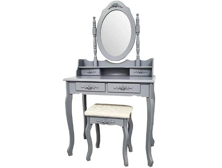 BDW TL01 Schminktisch - mit Spiegel, Schubladen und Hocker - Kleiner Tisch - für Schlafzimmer, Jugendzimmer - Make Up Tisch - Frisiertisch - Kosmetiktisch - Vintage Stil - Grau