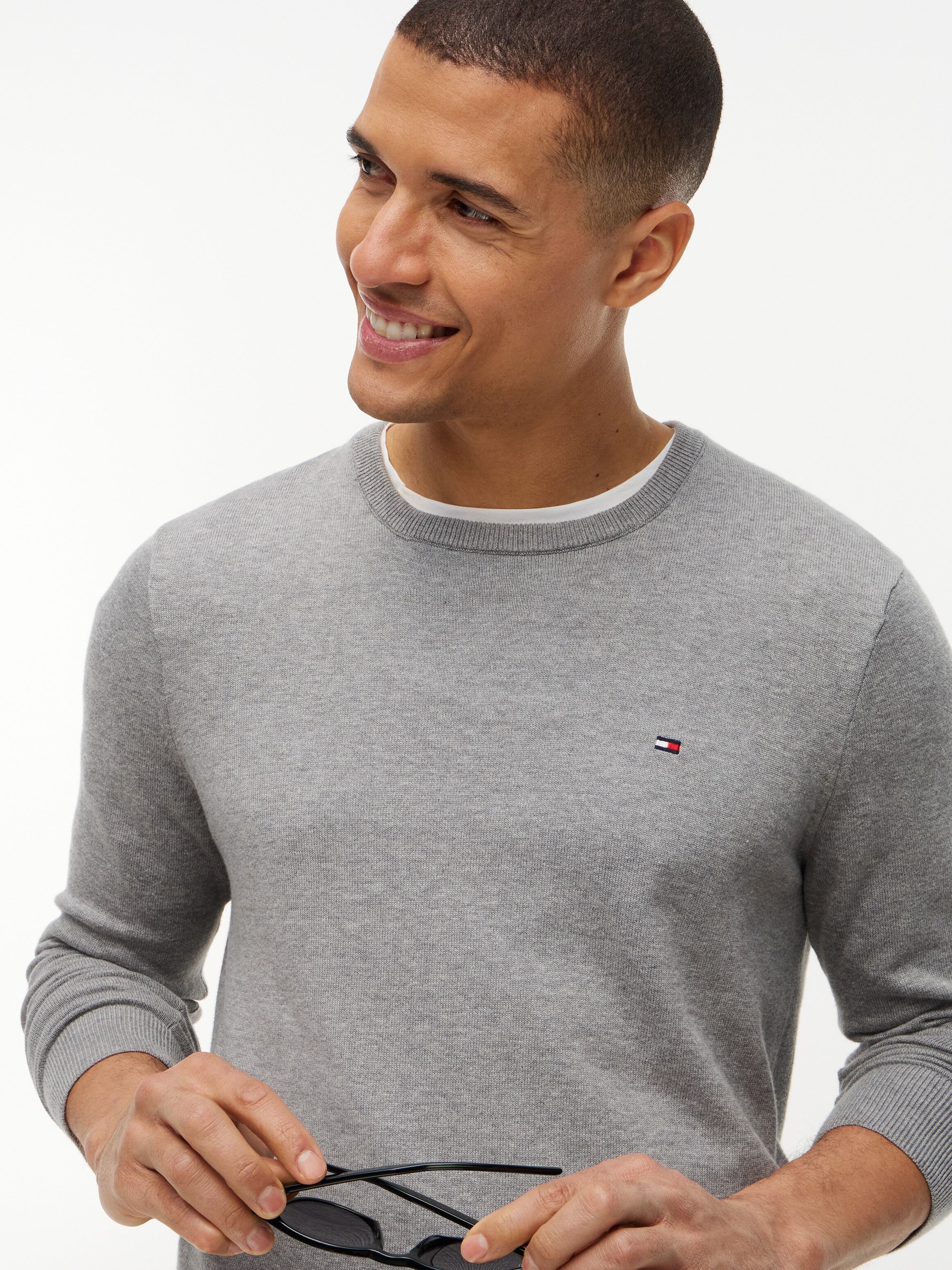 Rundhalspullover TOMMY HILFIGER "ESSENTIAL COTTON", Herren, Gr. M, grau (medium grau heather), Strick, Obermaterial: 100% Baumwolle, regular fit, Rundhals, Rippbündchen, Pullover Rundhalspullover, Crewneck Regular Fit Premium Mode medium grau heather M