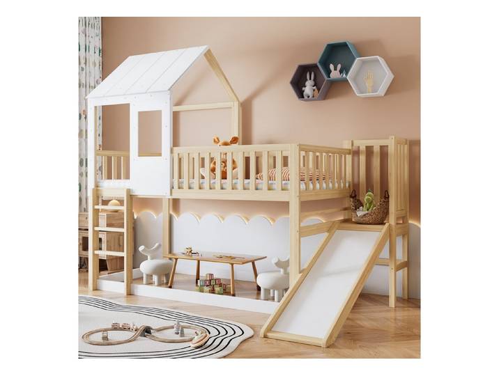 STILVORA Kinderbett 90x200 mit Rutsche&Gitter,Kinderbett Bettgestell mit Dach&Fenster (Rahmen aus Kiefer, Natur+Weiß (90x200cm), Platzsparendes Etagenbett-Design Lustige Rutsche), Einfache und bequeme dreistufige rechtwinklige Treppe