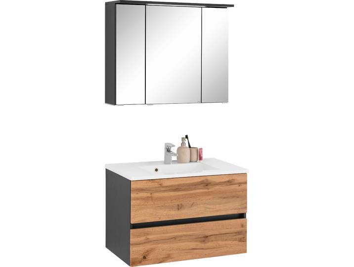 Badmöbel-Set WELLTIME Lucca , grau (graphitgrau, eichefarben), Kastenmöbel-Sets, Badmöbel-Set, Breite 80 cm, mit direkter LED-Beleuchtung