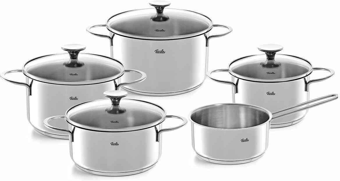 Topf-Set FISSLER "Copenhagen", silber (silberfarben), Töpfe, Töpfe mit Glasdeckel, Mess-Skala, Induktion, backofengeeignet