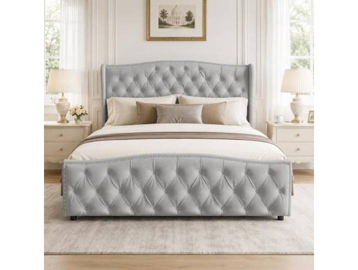 DULRLLY Polsterbett 140x200 Beige mit Stauraum, Hydraulisch Doppelbett mit Chesterfield-Kopfteil, Modernes Samtstoff-Bettgestell mit Leisem Holzlattenrost, Jugendbett für Schlaf- & Gästezimmer