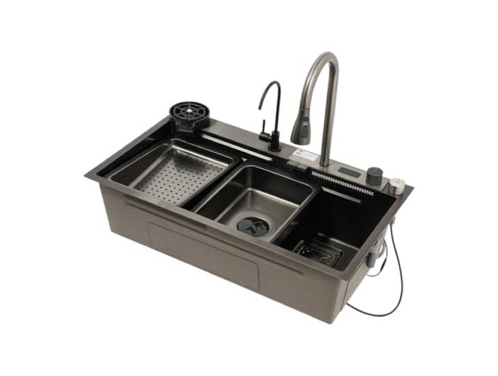 CAIYGG 81x46 cm Edelstahl Küchenspüle mit Digitalem Wasserhahn, 1 Becken 201 Edelstahl Spüle mit Nanobeschichtung, tiefes Becken, spritzarmes Design, für Haushalte & professionelle Küchenarbeitsplät