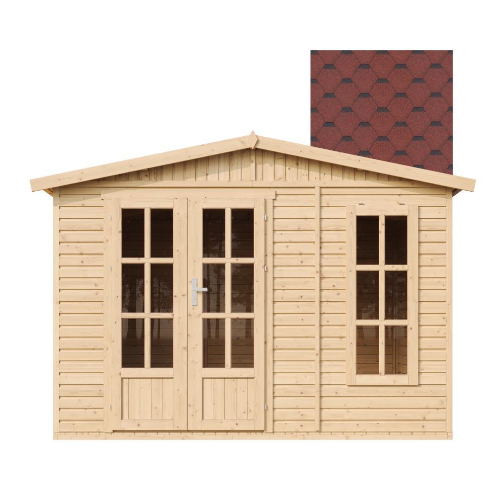 Gartenhaus Holz 6 m2 - H232 x 332 x 222 cm - Große multifunktionale Gartenhütte - Gerätehaus Holz Garten-Studio - Rote bituminöse Schindeln - TIMBELA M334FB+H334FBRED