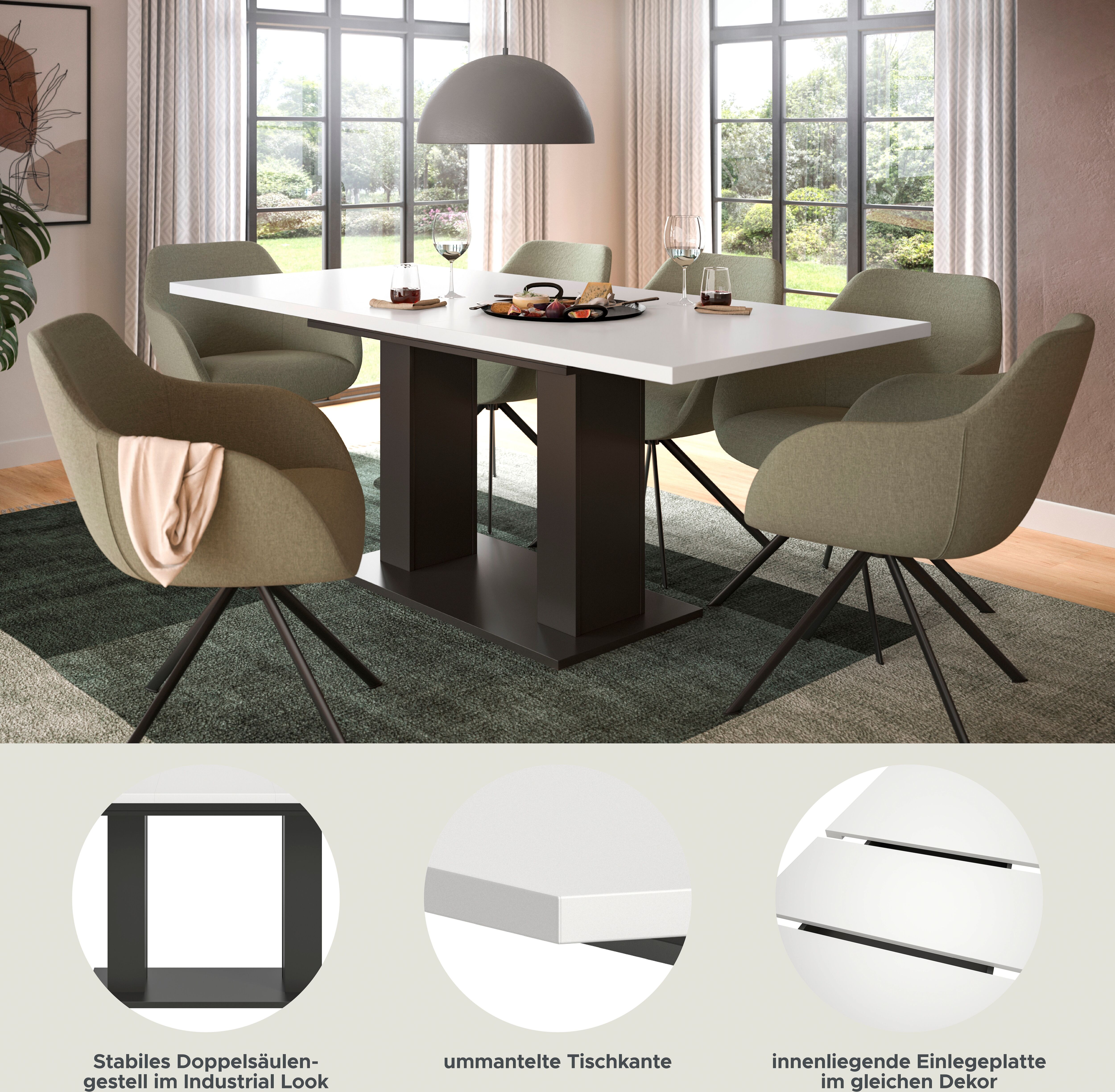 Esstisch HOME AFFAIRE "Motus, ausziehbar 150 -190 cm, inklusive 40 cm Einlegeplatte", weiss (grau, weiß nachbildung, grau nachbildung, weiß nachbildung), B:150cm H:76cm T:90cm, Tische, Esstisch, Doppelsäulengestell mit Bodenplatte, Tisch, Esstisch, Küche 