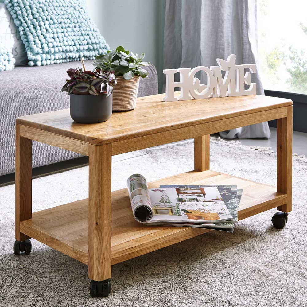 Pharao24.de Couchtisch aus Wildeiche Massivholz rollbar