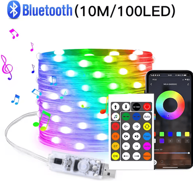 Inspire Curations Smart Bluetooth LED Fairy Light Strip Smart LED Fairy Lights With USB Power & Music Sync For Bedroom, Party & Holiday 10m 100leds