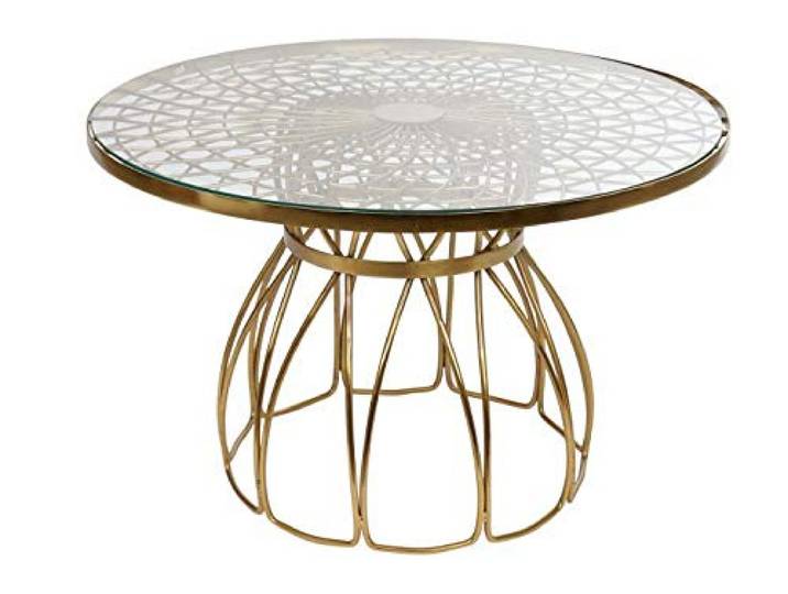 DRW Couchtisch rund aus Eisen und Glas in ethnisch und vergoldet, 71 x 71 x 45 cm, Gold, 71x 71x45cm