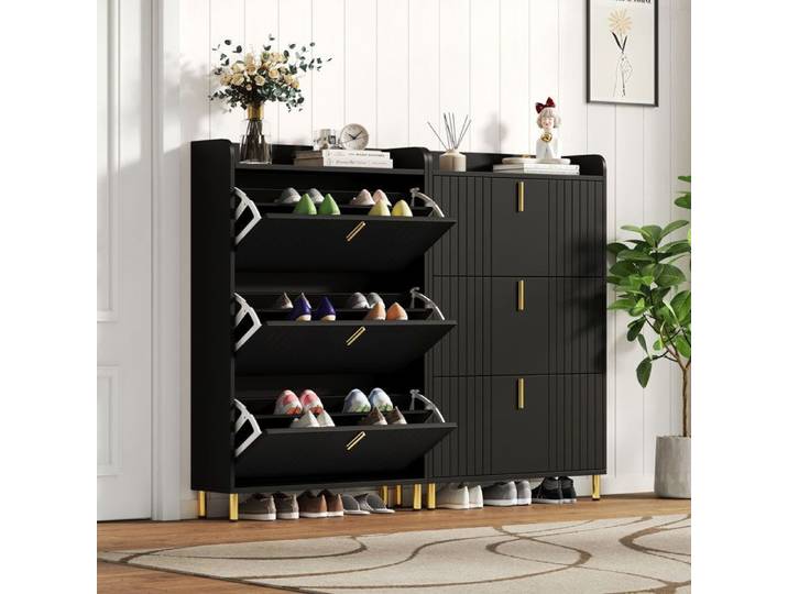 Armoire à chaussures - 80x23 5x123 5 cm - Noir - MDF - 6 compartiments - Réglable - Dispositif de sécurité