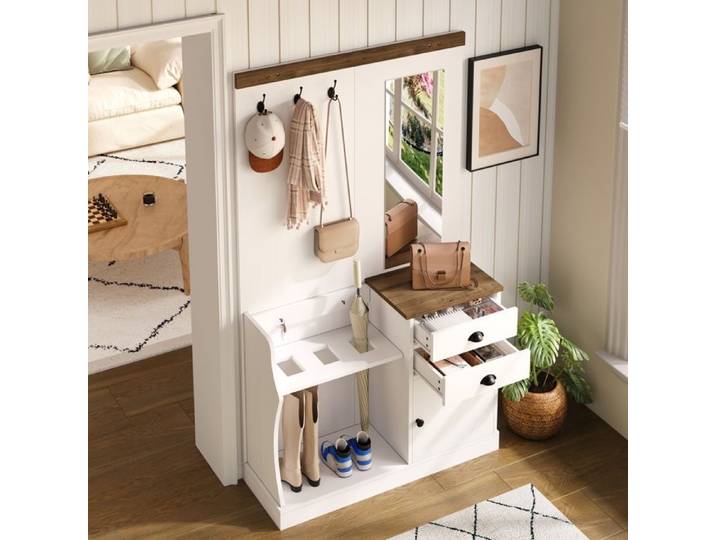 Portemanteau – Meuble hall d'entrée avec vestiaire crochets tiroirs porte-parapluie panneaux particules 110 5×38×191 cm Blanc
