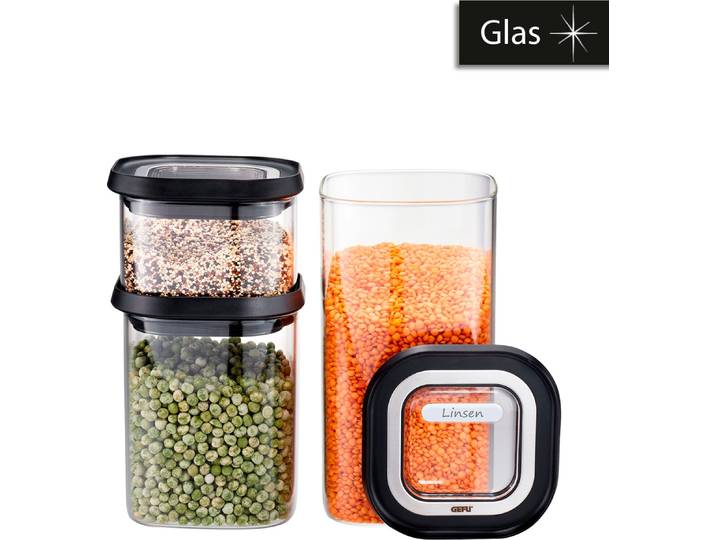 Vorratsglas GEFU PANTRY , transparent, B:11cm L:11cm, Borosilikatglas, Kunststoff, Lebensmittelaufbewahrungsbehälter, Vorratsglas, Stapelbar, luftdicht, transparent, platzsparend, Topseller