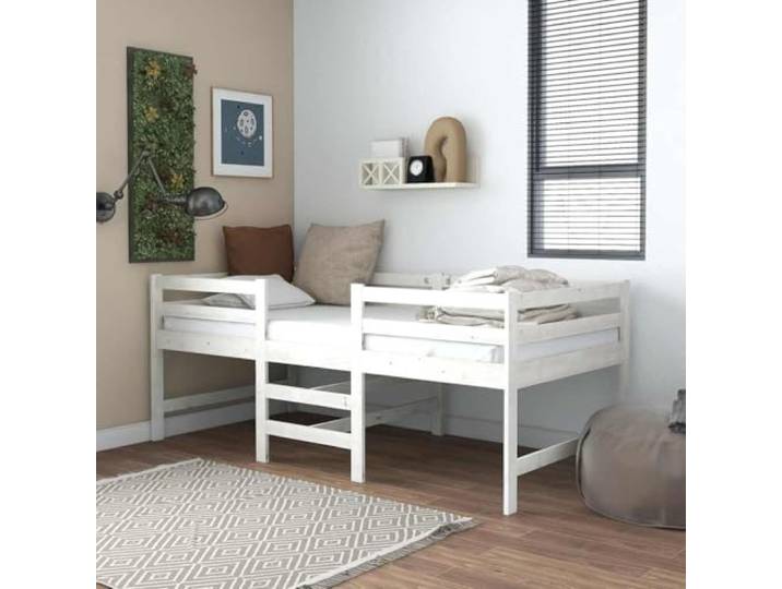 Massives Kiefernholz Halbhohes Bett mit Leiter Weiß 90x200 cm Massivholzbett ohne Matratze Weiß 90x200 cm Kiefernholz Einzelbett Hochbett mit Leiter und Geländer für Jugendliche und Gäste