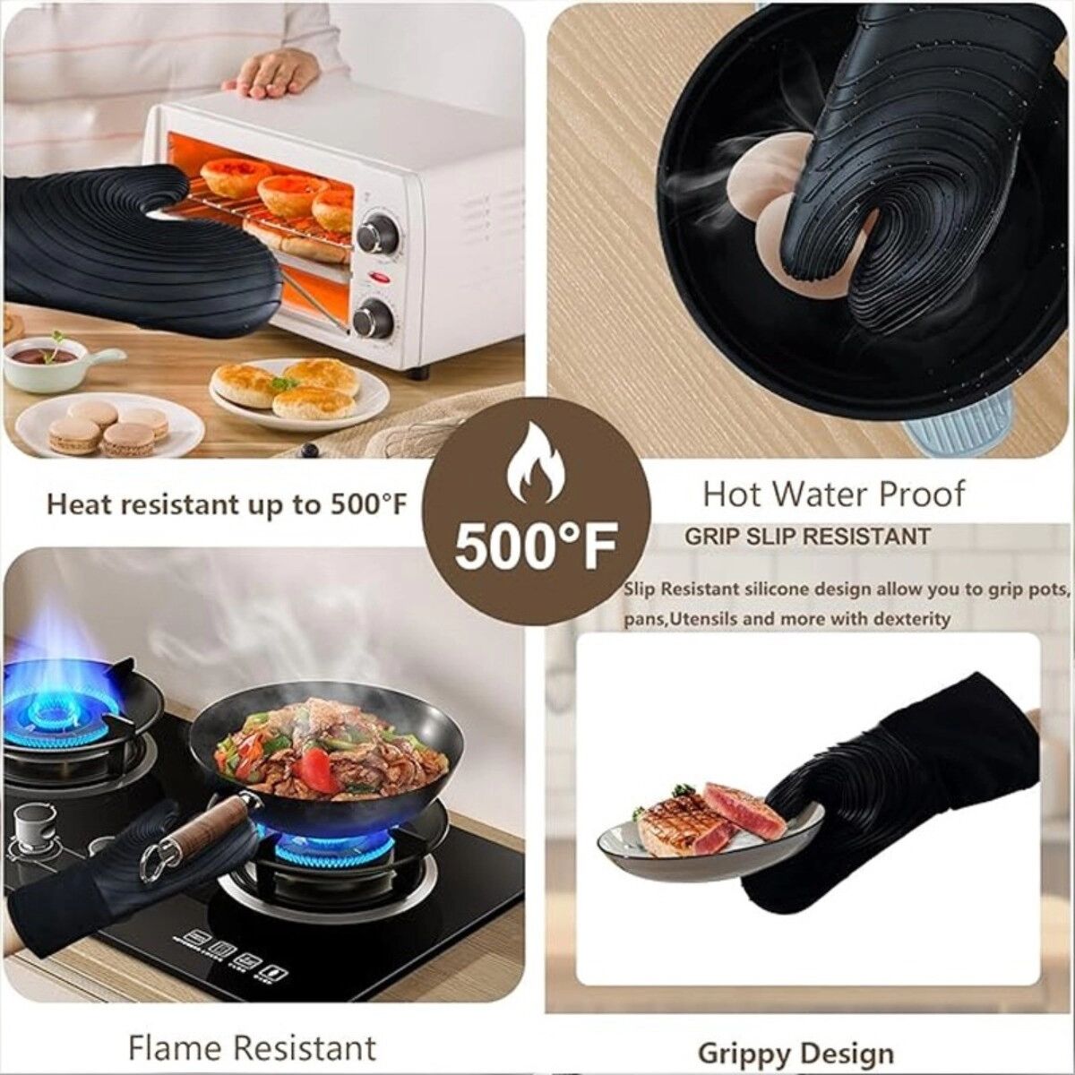 INF Gants de four en silicone résistants à la chaleur - Gants de cuisine isolés multicouche antidérapants, protection 34cm Le noir