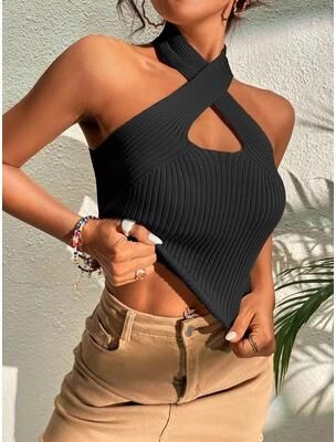 Uplifted Finds Women Ribbed Knit Criss Cross Halter Crop Top s white