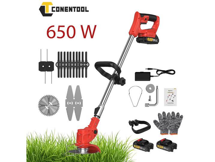 Tondeuse à gazon sans fil Conentool 21V 650W, tondeuse à gazon électrique pliable télescopique légère avec accessoires multiples pour le jardin