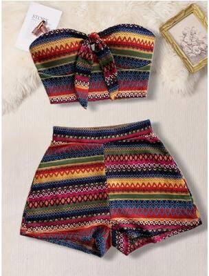 Lush Living Finds Aztec Beach Set For Women With Knotted Bandeau Top & High Waisted Shorts multi l