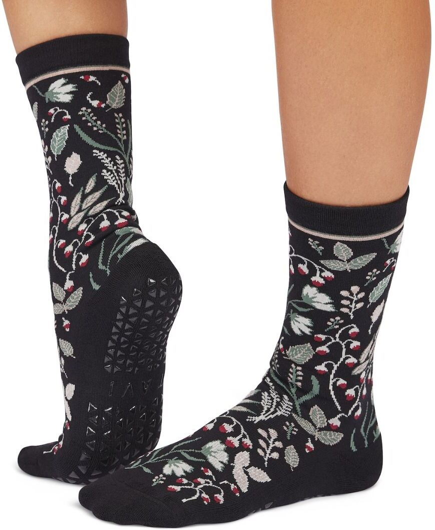 TAVI Calzini Antiscivolo Altezza per Barra, Pilates e Yoga. Nero Fiore Medium (39-42,5)