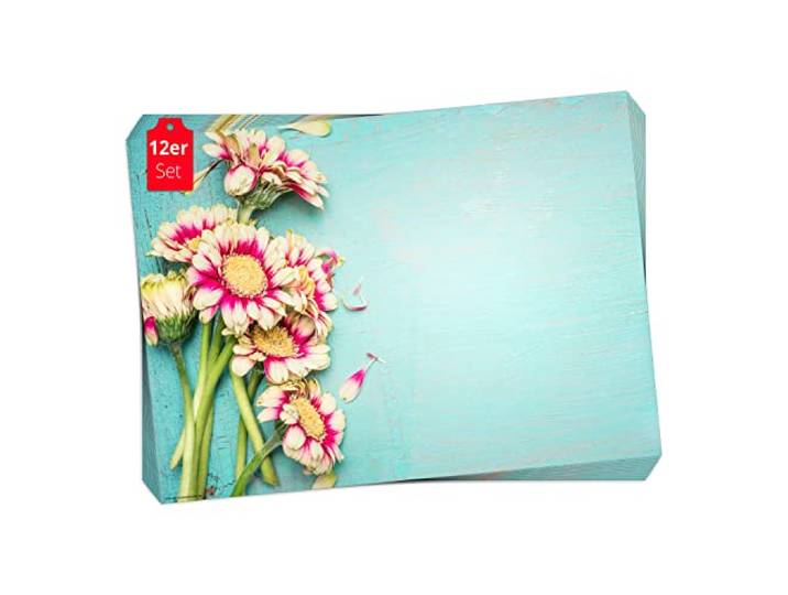 Tischset, Platzset - Rot-weiße Gerbera - 12 Stück Made in Germany, 44x32cm aus speziellem Naturpapier in Aufbewahrungsmappe – die besondere Tischdeko für Frühling, Ostern & Blumen