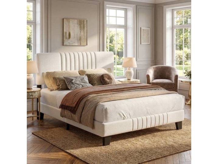 YIDATONG Lit 140x190 Lin Beige Tête de Lit Réglable Sommier Inclus Design Élégant Lit Double Adulte