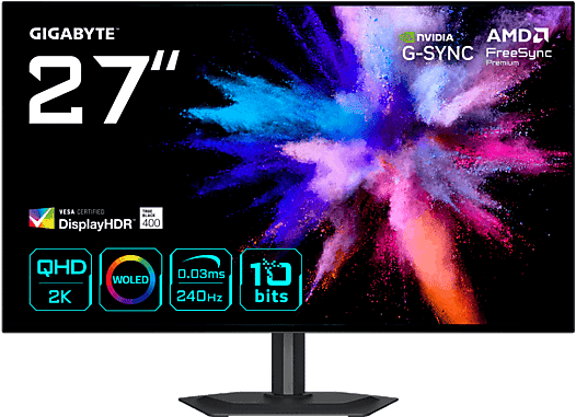 Monitor gaming - Gigabyte GO27Q24G, 27 " QHD, 240 Hz, 0.03 ms, OLED, VESA DisplayHDR True Black 400, Altura Ajustable, Negro