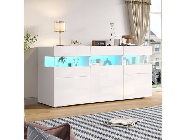 ROVRYN Buffet bas 140 x 40 5 x 66 5 cm 3 portes LED contrôlée par application blanc brillant