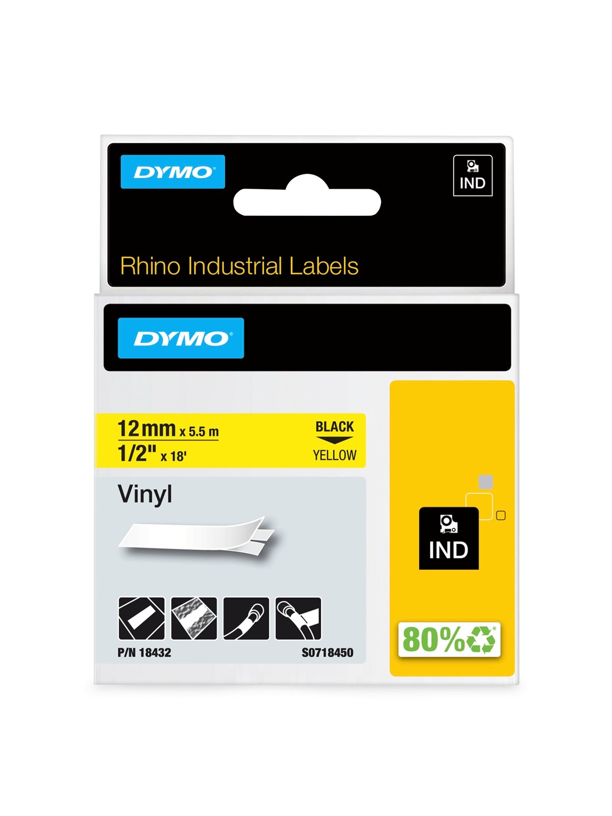 DYMO Rhino-Industrie-Vinyletiketten | 12 mm x 5,5 m | schwarz auf gelb | selbstklebend