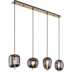 Pendelleuchte schwarz Glas Pendelleuchte Esszimmerlampe Hängeleuchte, 4 Flammig, Metall messing Glas rauchig, 4x E14 Fassungen, LxBxH 110x18,5x120cm