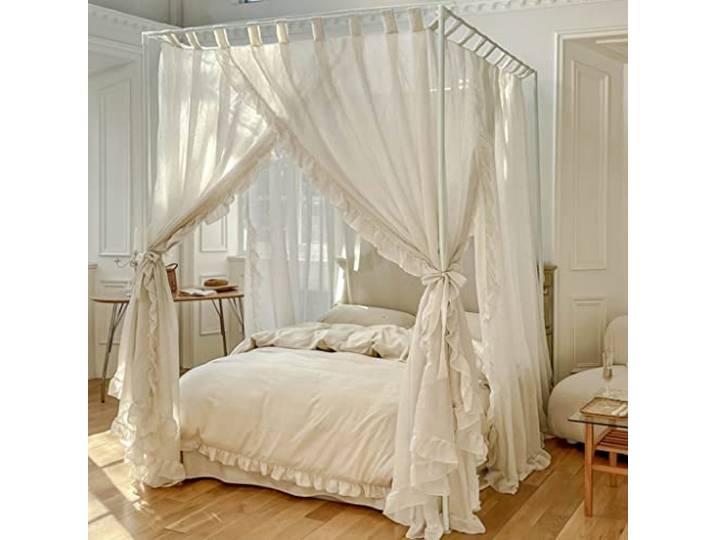 Elegantes, modernes Leinen-Moskitonetz im Prinzessin-Stil mit 4 Eckpfosten, romantisch für Mädchen und Frauen, Bettvorhang, Baldachin für Erwachsene, Hochzeit, Schlafzimmer, Kinder