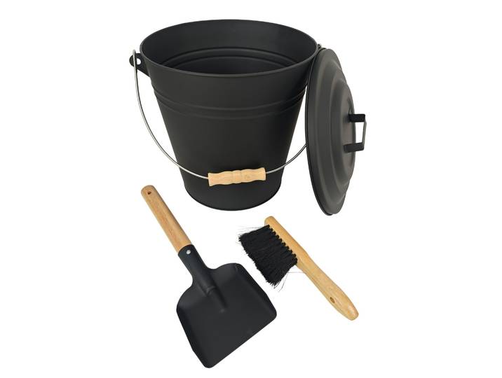 Ascheeimer mit Feger & Schaufel 15 Liter Schwarz