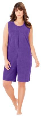 Plus Size Women's Zip-Front Terry Romper by Dreams & Co. in Plum Burst (Size 1X)