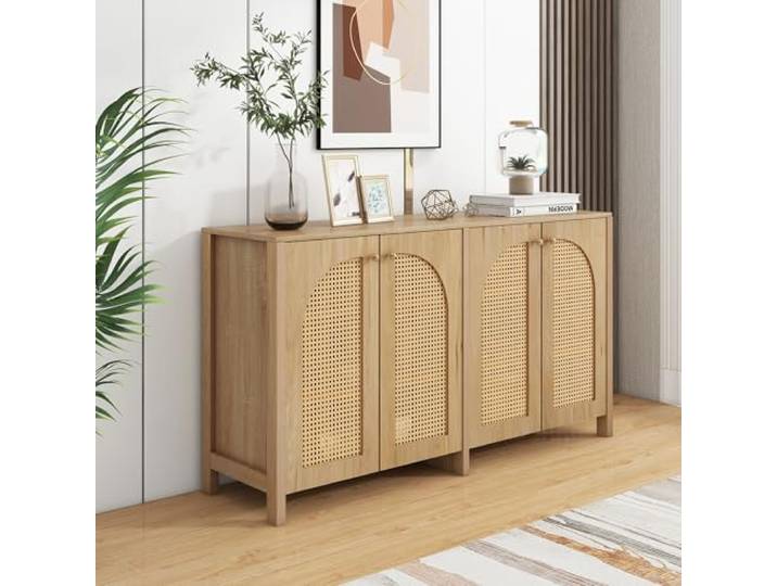 BTM Modernes Sideboard im minimalistischen Stil 4-Rattantür, Metallgriff einfaches Buffetschrank für Esszimmer, Wohnzimmer, Küche (Naturholz)