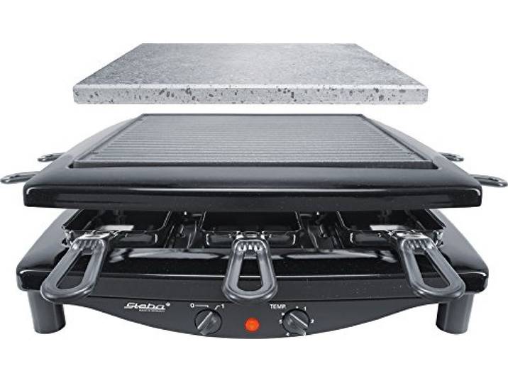 Steba Made in Germany Raclette, Wendbare emaillierte Gusseisen-Grillplatte + Natursteinplatte, 8 Spülmaschinengeeignete und emaillierte Pfännchen, Kabelaufwicklung