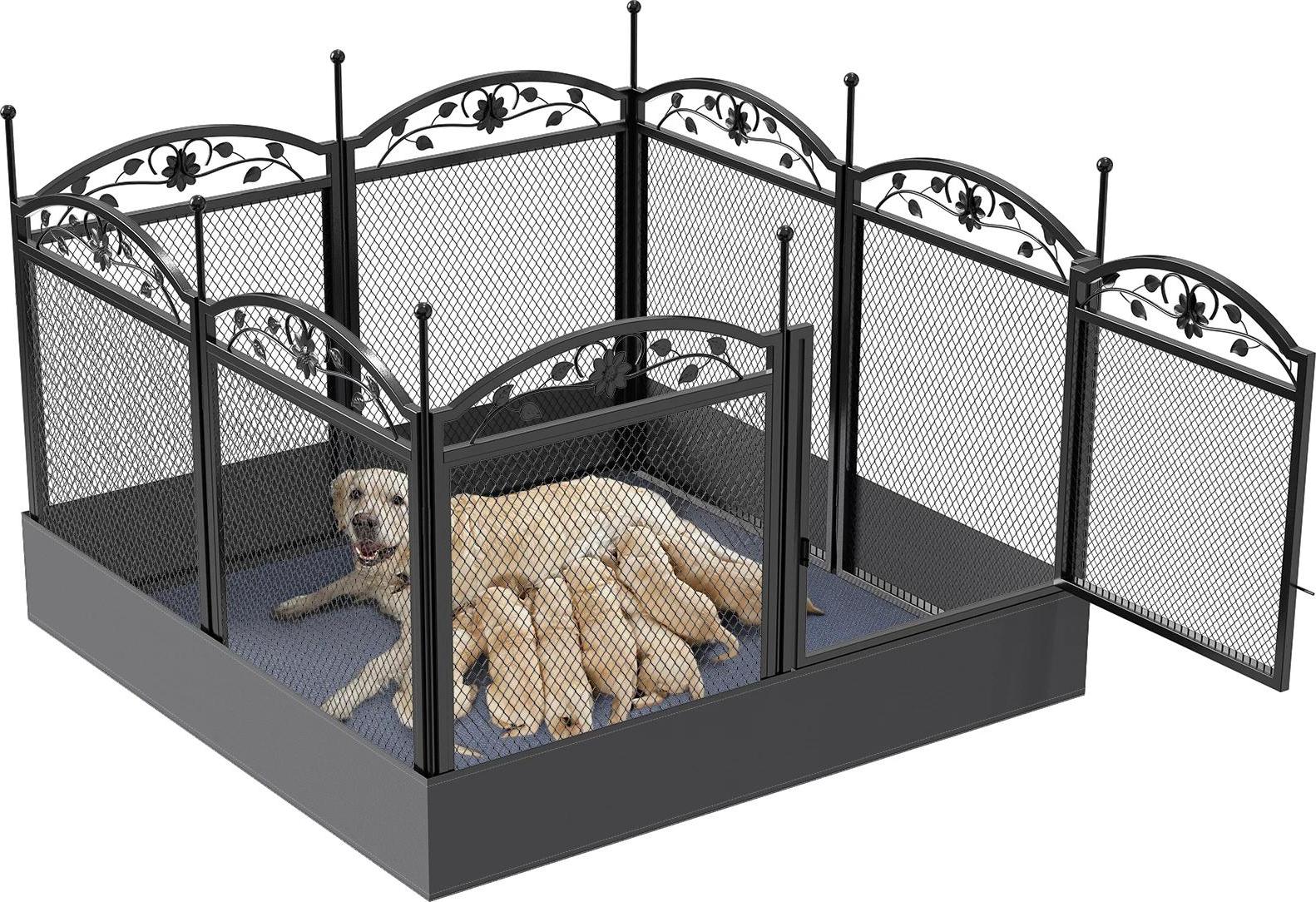 Metall Hundegehege Wurfkiste - 8-Panel Welpenlaufstall - Schwerlast - Faltbar - Mit Tür - Mit Wurfmatte - Für Innen und Außen