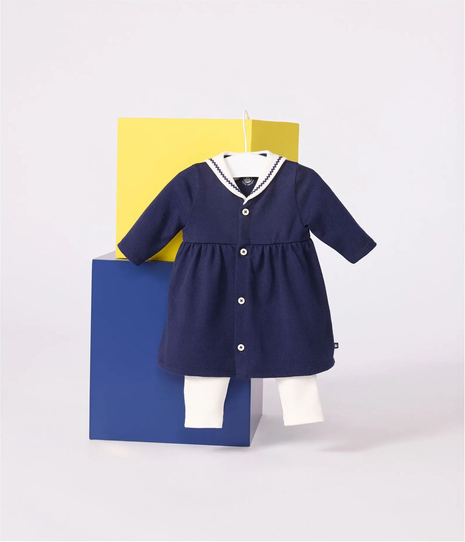 Petit Bateau Ensemble Robe Col Vareuse et Legging Coton Bio Bleu marine 3 mois