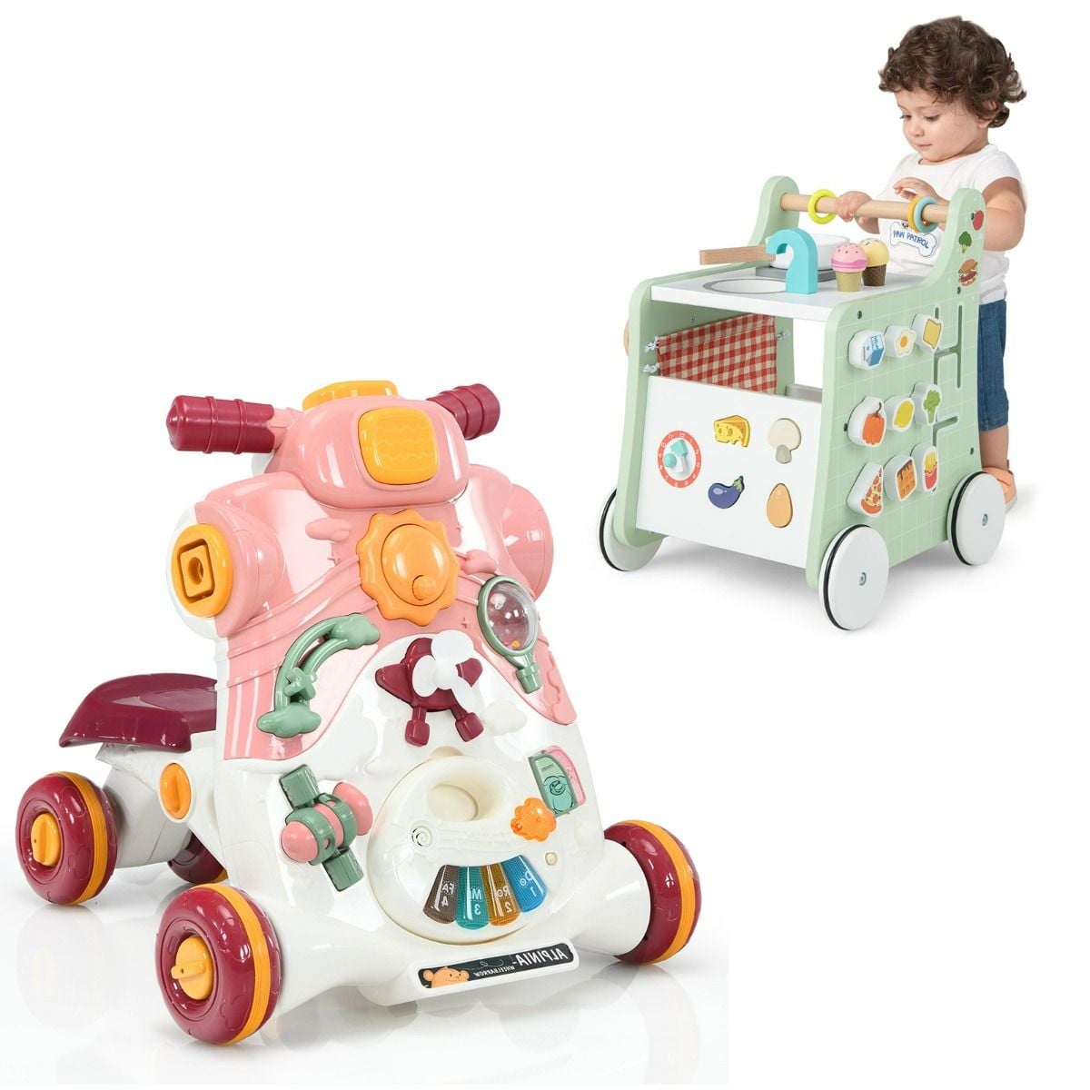 Costway 6-in-1 Houten Loopwagen en 3-in-1 Activiteitencentrum voor Jongens en Meisjes van 6-36 Maanden
