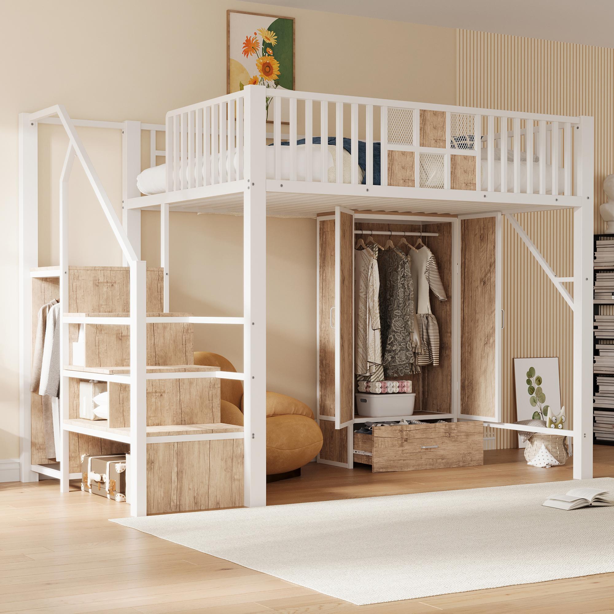 Flieks Etagenbett 140x200cm mit Kleiderschrank, Kinderbett Hochbett mit Stauraumtreppe, Jugendbett Doppelbett Metallbett mit Lattenrost, Weiß