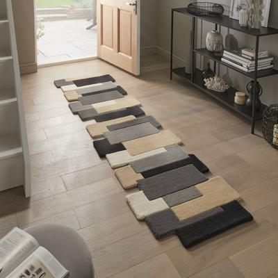 Läufer FLAIR RUGS "Abstract Collage, 100% Wolle, Karo Design", grau, B:60cm H:11mm L:230cm, Wolle, Teppiche, Läufer, Patchwork, modern, mehrfarbig, Läufer, Wohnzimmer, Flur, Schlafzimmer